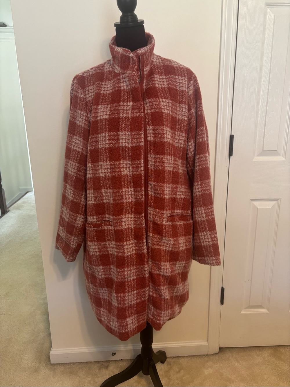 Red and White Plaid Stand-Collar Coat